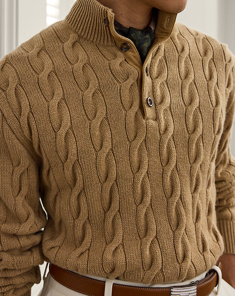 Cable-Knit Cashmere Mockneck Jumper Camel Melange