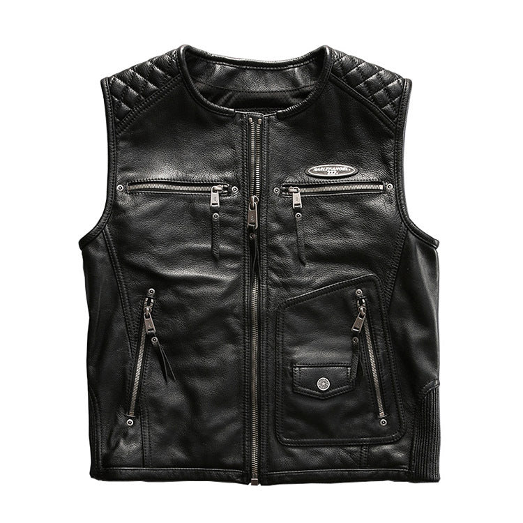 Harley leather vest round neck cowhide vest-J32