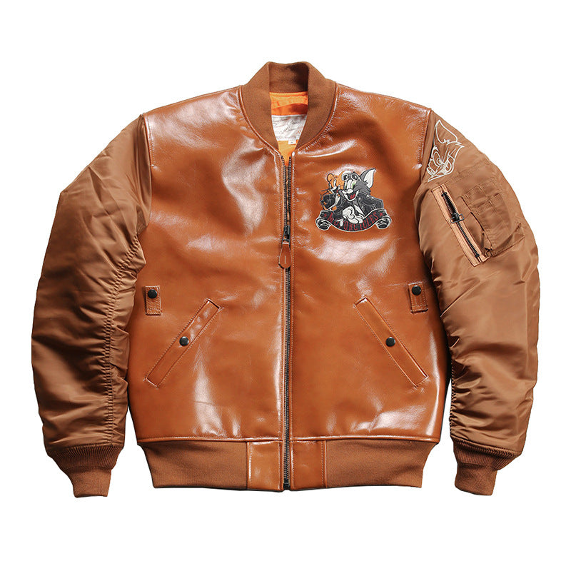 Cartoon sports casual leather cowhide jacket-J39