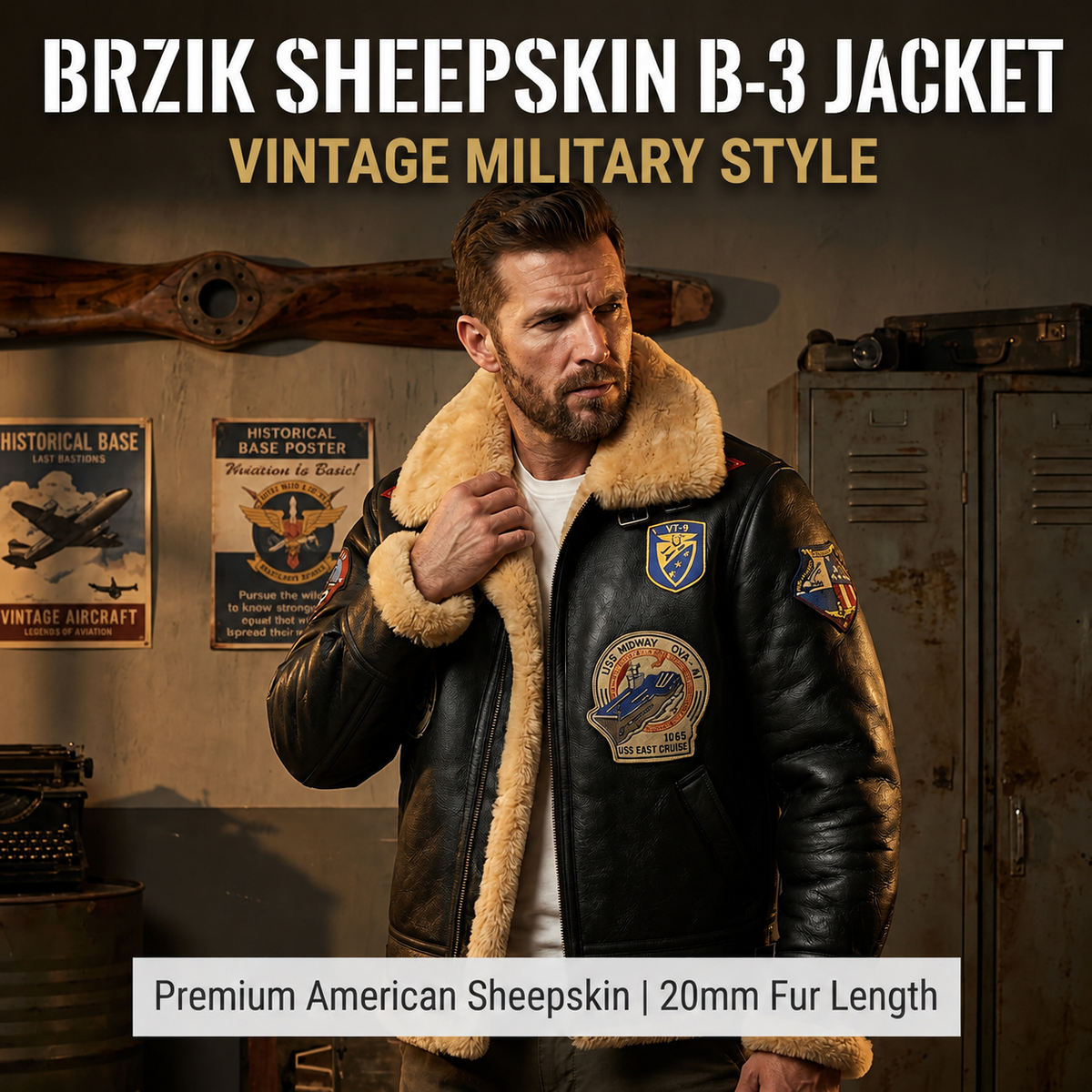 Genuine Sheepskin Bomber Jacket Military Fur-J04