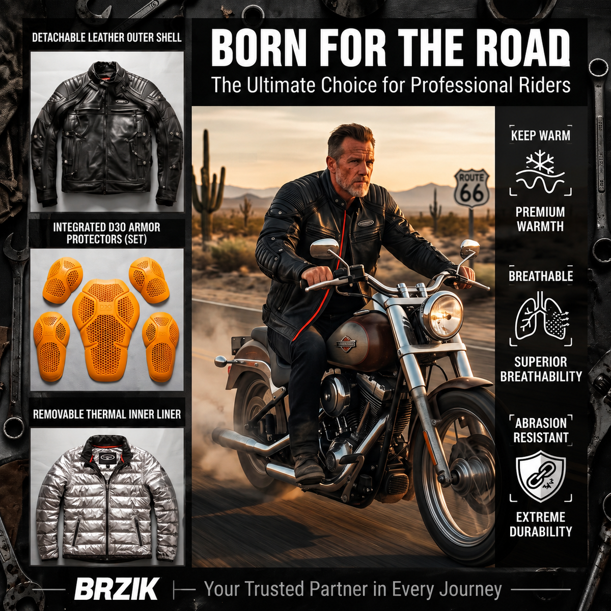 Detachable 4-piece cowhide motorcycle leather jacket-J29