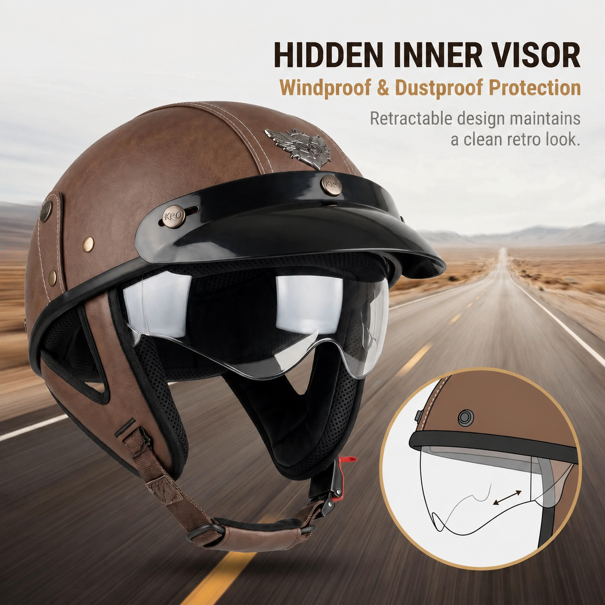 Retro cruiser motorcycle helmet with concealed inner visor-H45