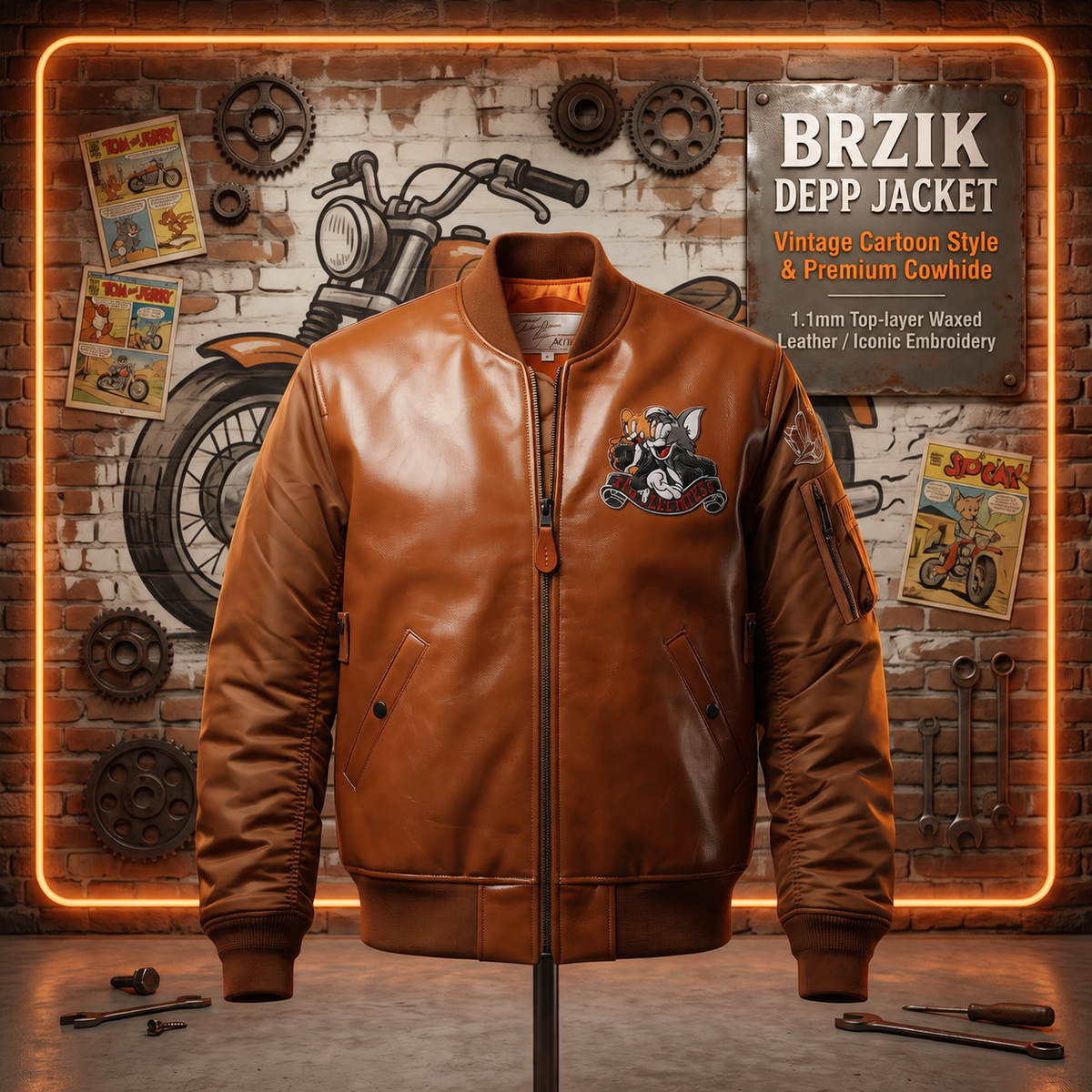 Cartoon sports casual leather cowhide jacket-J39