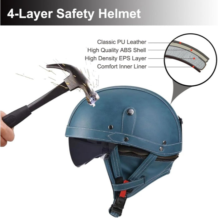 DOT Retro German Style Half Helmet-Blue-H06