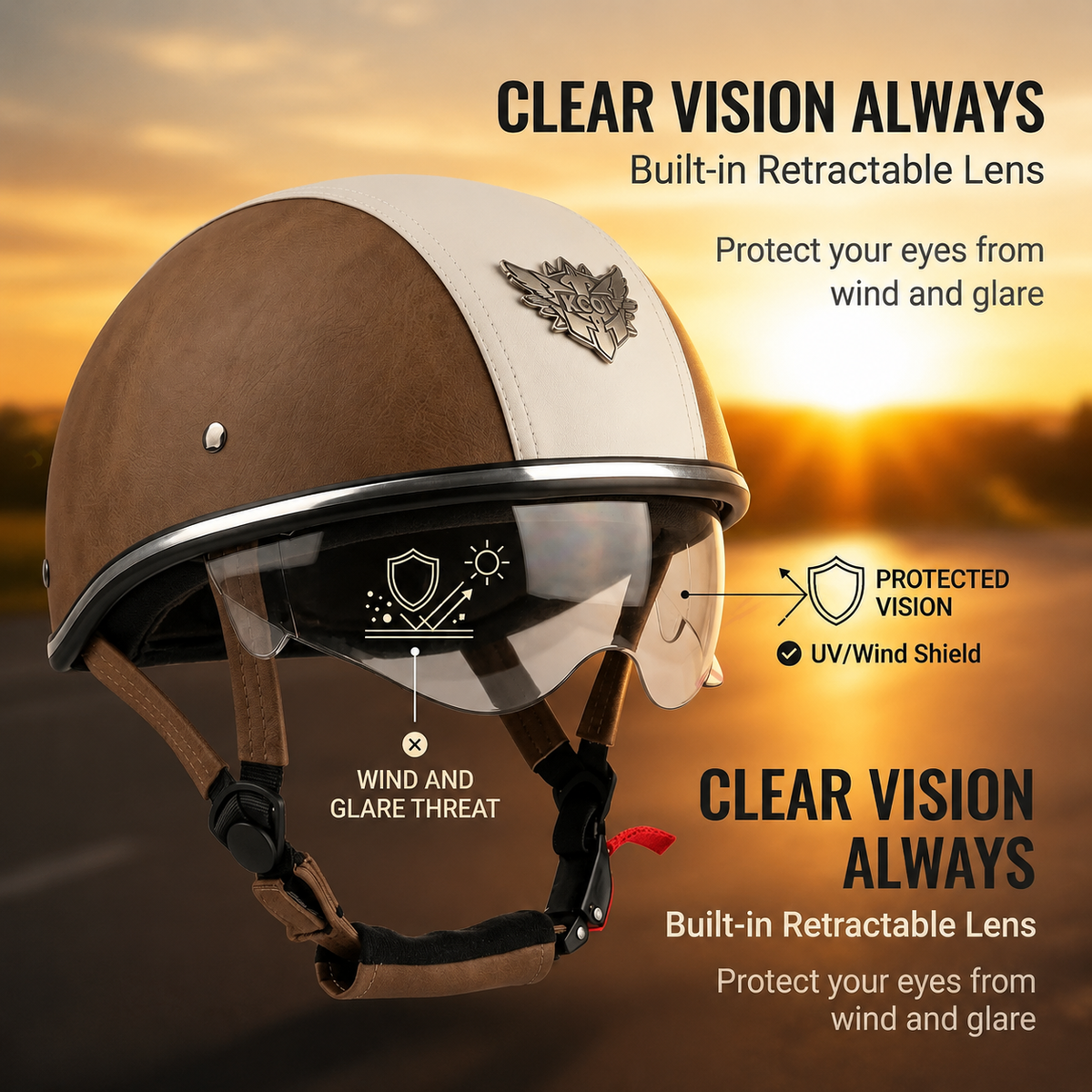 Retro two-tone cruiser motorcycle helmet with goggles-H42
