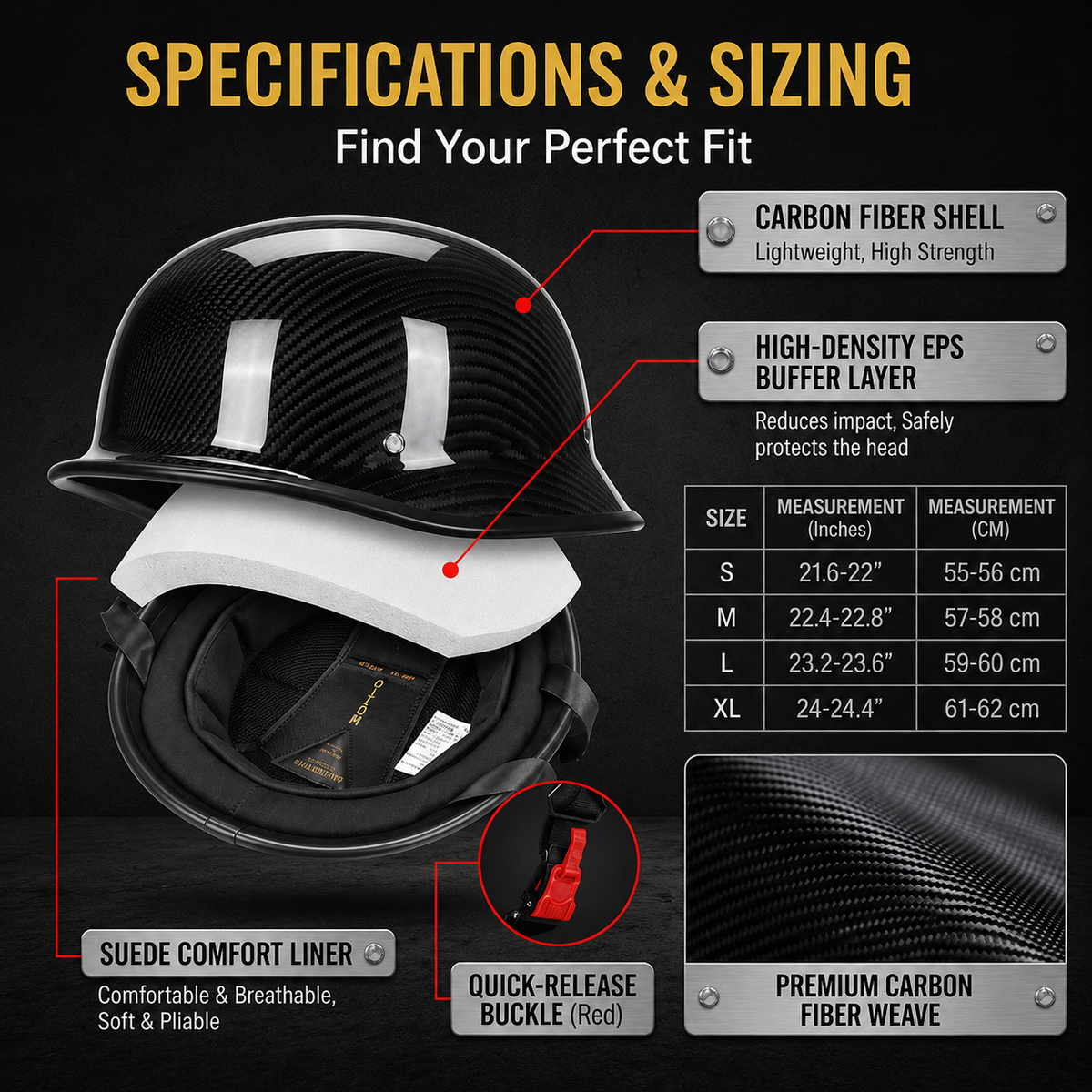 Retro German-Style Carbon Fiber Half Helmet - H24