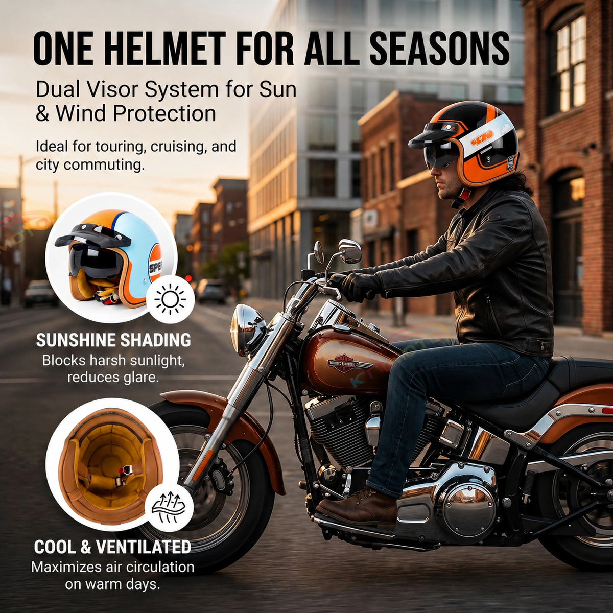 Retro open-face motorcycle helmet with sun visor-H36
