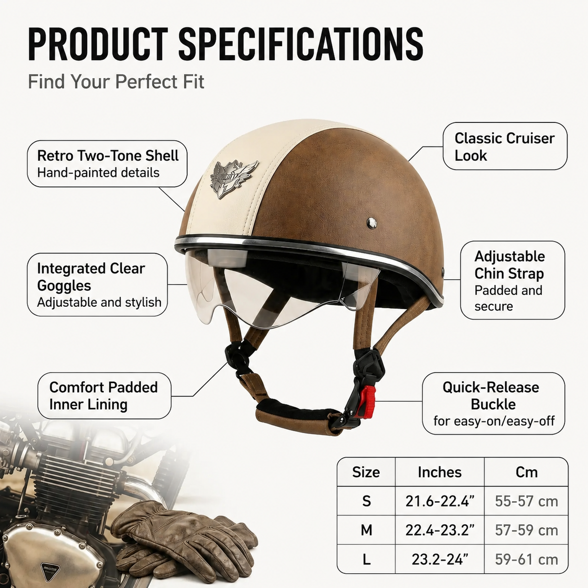 Retro two-tone cruiser motorcycle helmet with goggles-H42