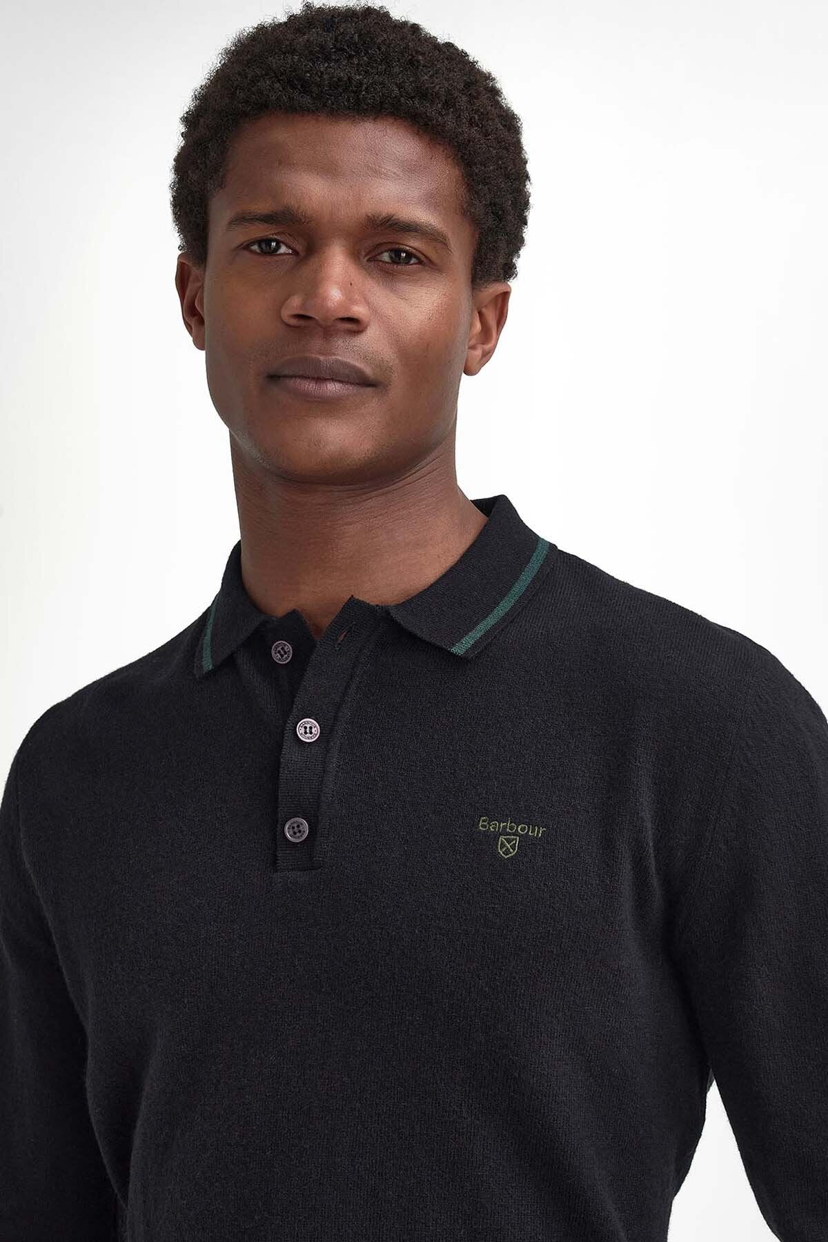 Nocton Knitted Long-Sleeved Polo Shirt - BLACK