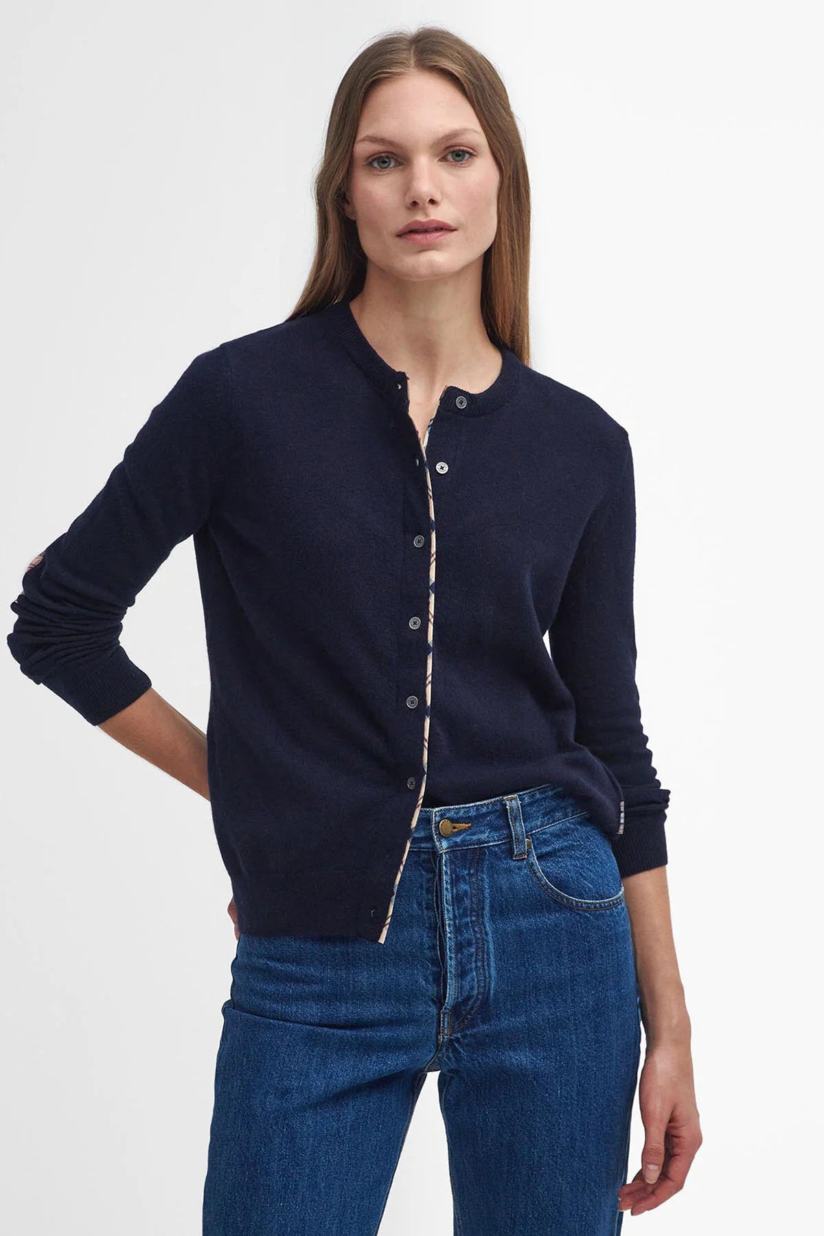 Pendle Knitted Cardigan - NAVY/HESSIAN TARTAN