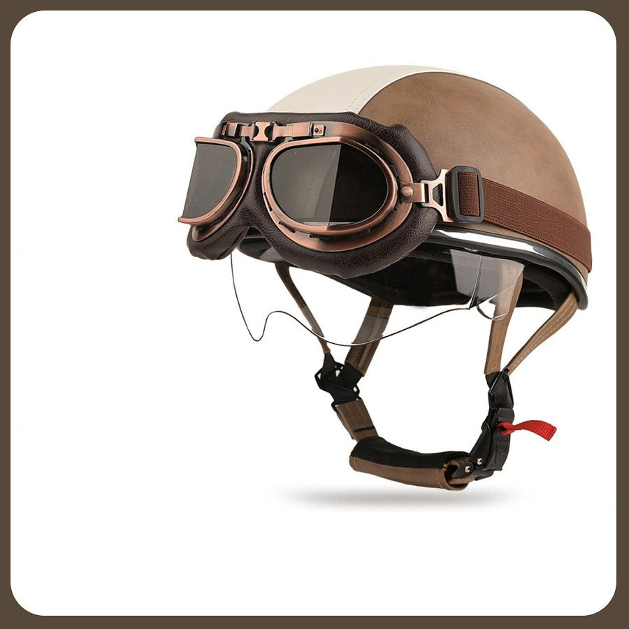 Retro two-tone cruiser motorcycle helmet with goggles-H42