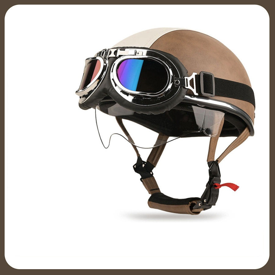 Retro two-tone cruiser motorcycle helmet with goggles-H42