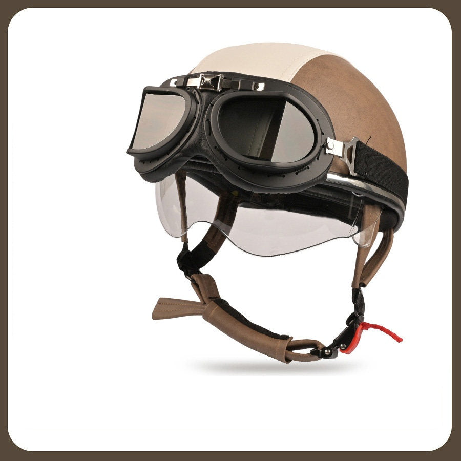 Retro two-tone cruiser motorcycle helmet with goggles-H42