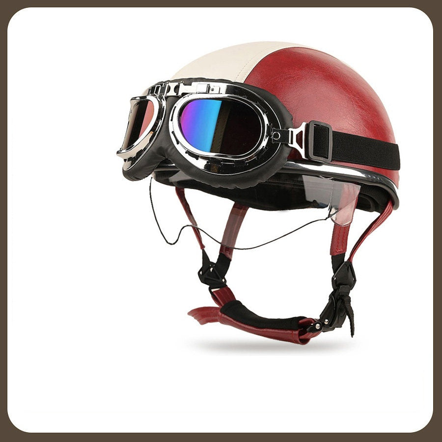 Retro two-tone cruiser motorcycle helmet with goggles-H42