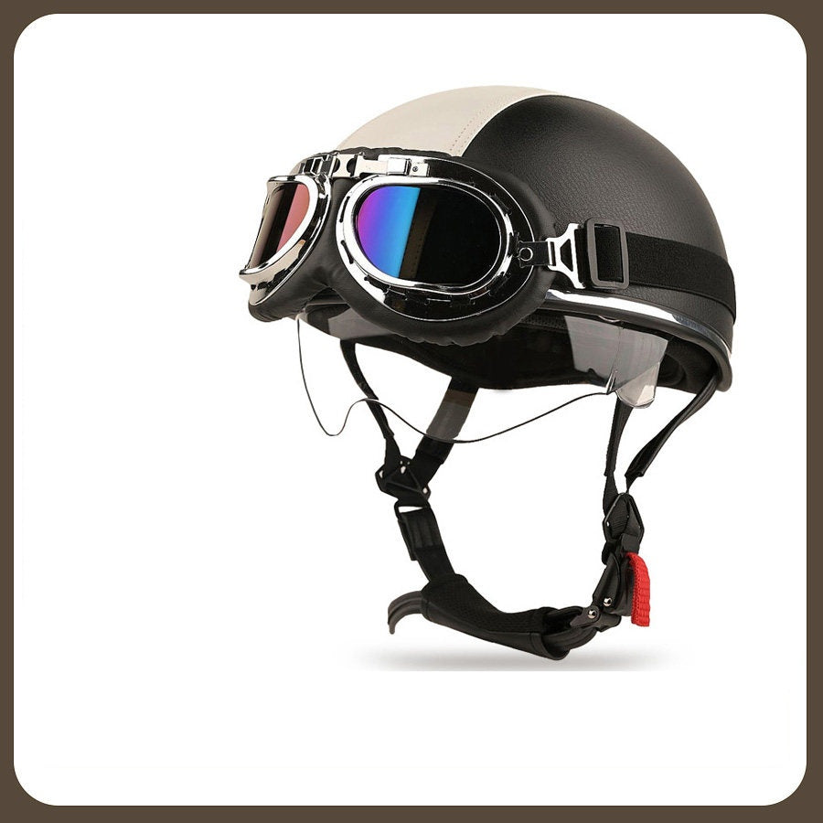 Retro two-tone cruiser motorcycle helmet with goggles-H42