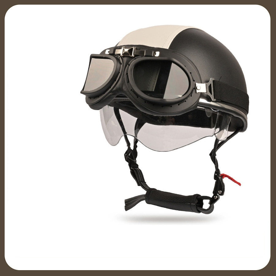 Retro two-tone cruiser motorcycle helmet with goggles-H42