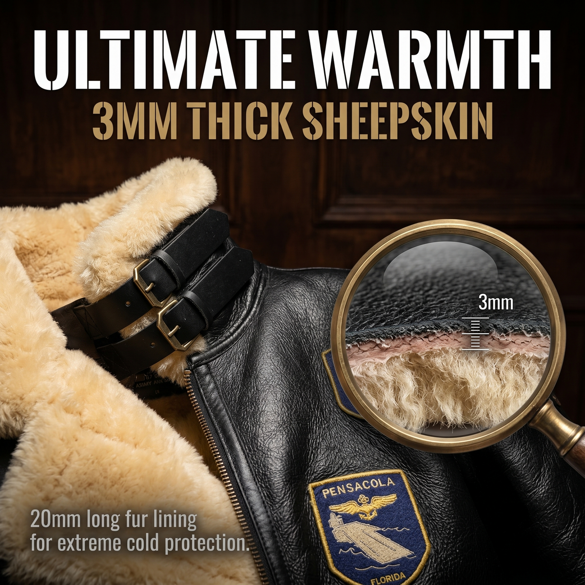 Genuine Sheepskin Bomber Jacket Military Fur-J04