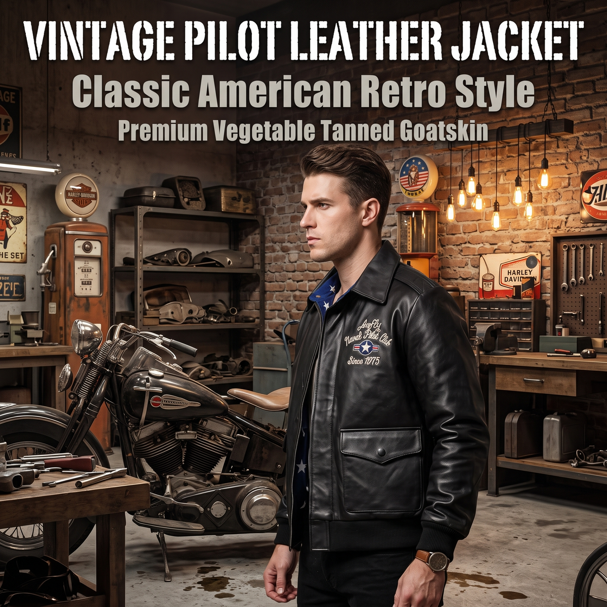 Pilot's leather jacket with embroidery-J12
