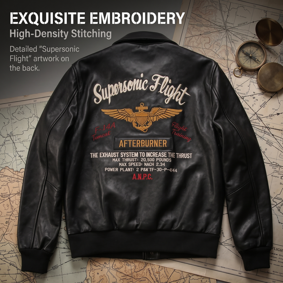 Pilot's leather jacket with embroidery-J12