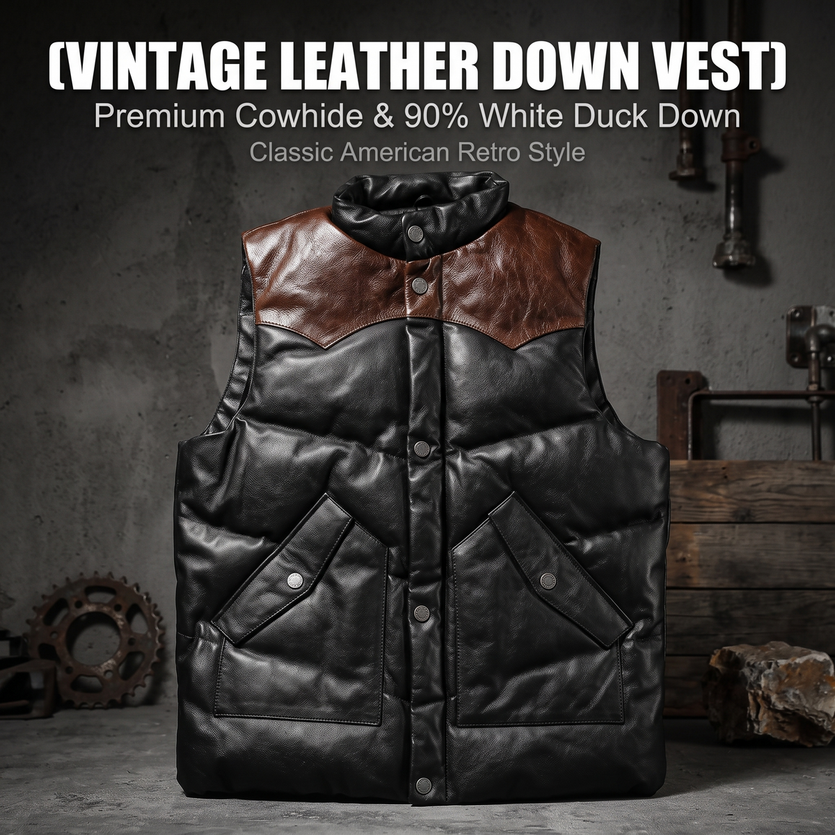 Vintage Cowhide Leather Down Vest-J35