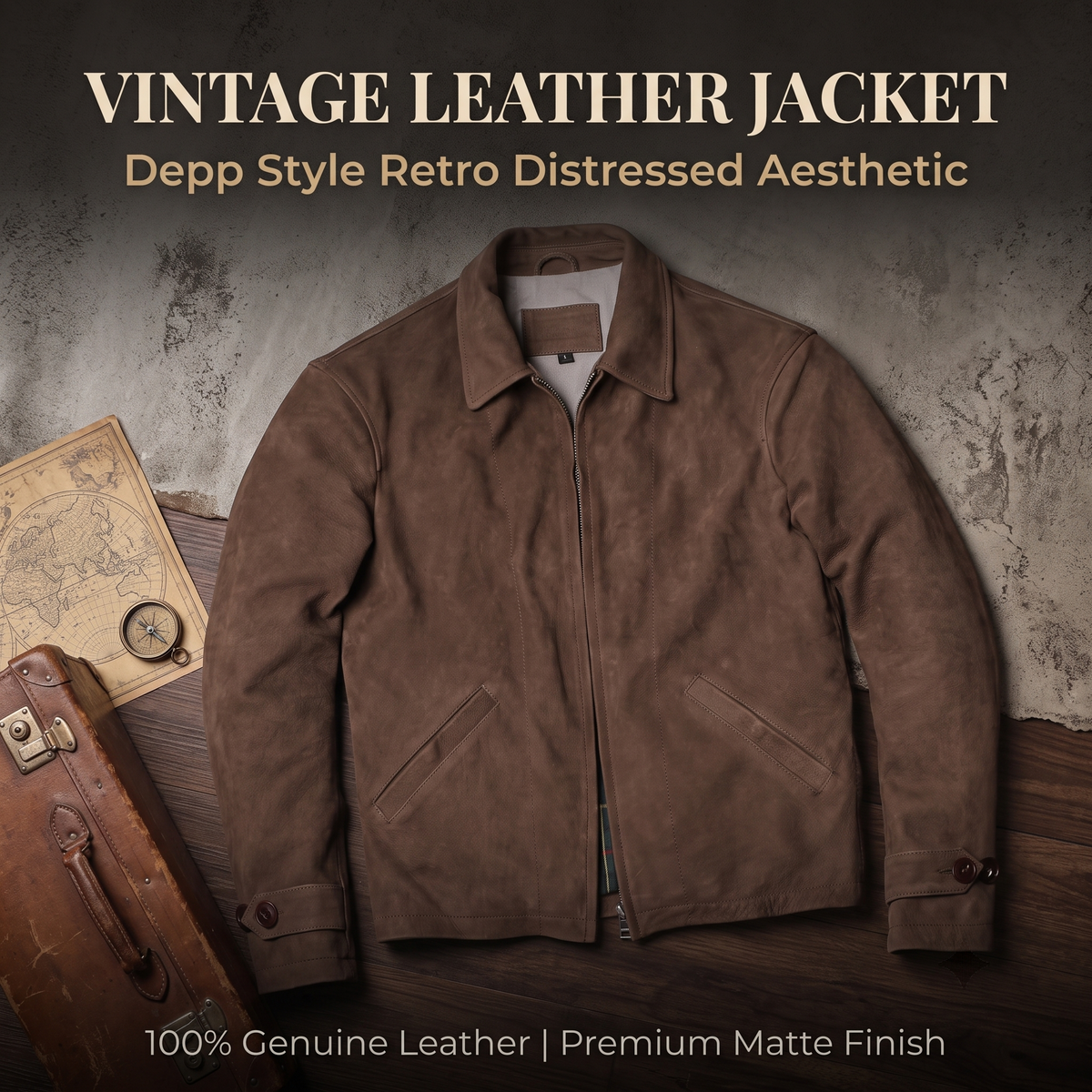 Depp vintage distressed lapel brushed hard leather jacket-J42