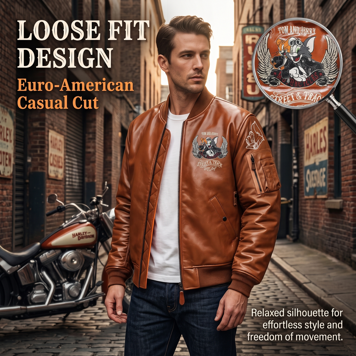 Cartoon sports casual leather cowhide jacket-J39