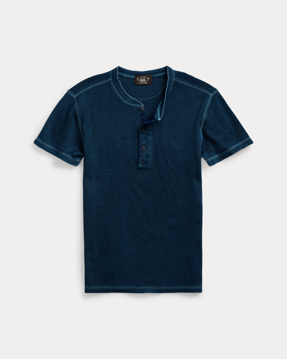 Waffle-Knit Short-Sleeve Henley Shirt Rinsed Blue Indigo