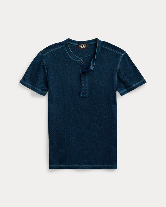 Waffle-Knit Short-Sleeve Henley Shirt Rinsed Blue Indigo