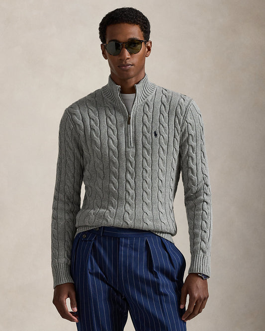 Cable-Knit Cotton Quarter-Zip Jumper Fawn Grey Heather