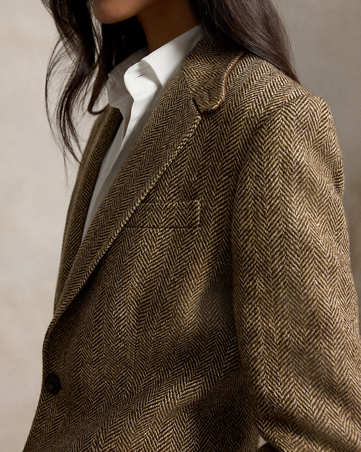 Herringbone Linen-Blend Blazer Brown/Cream Herringbone