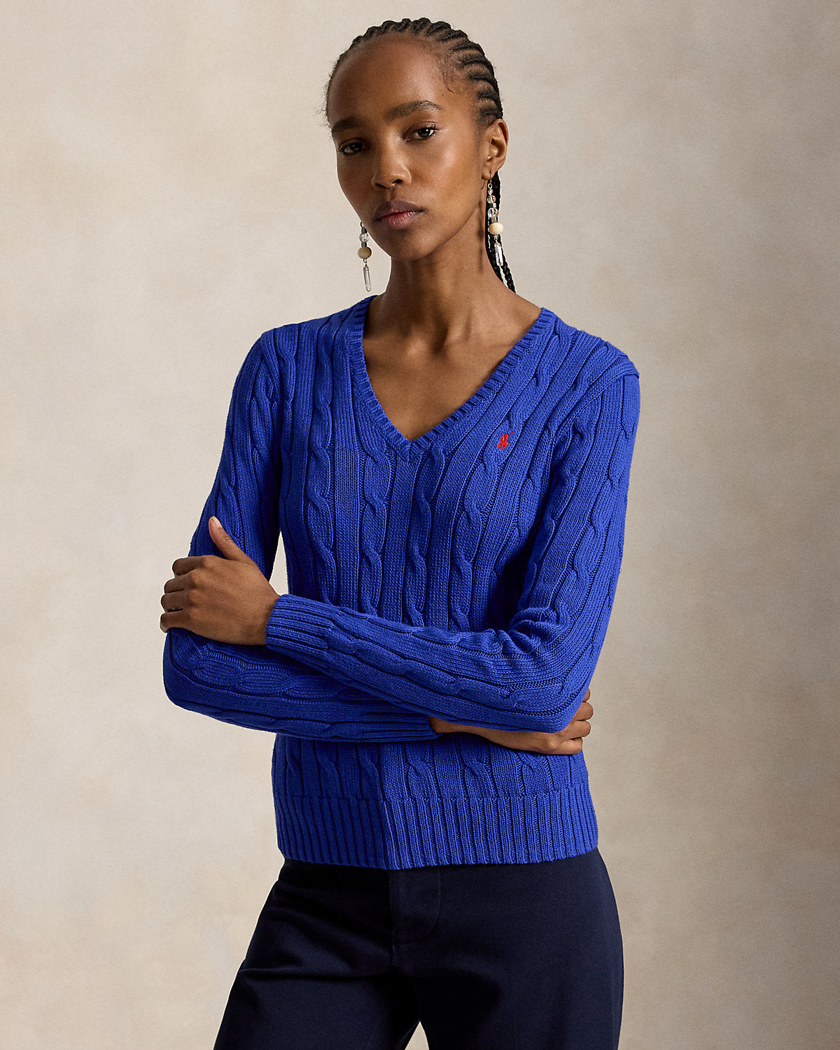 Cable-Knit Cotton V-Neck Sweater
