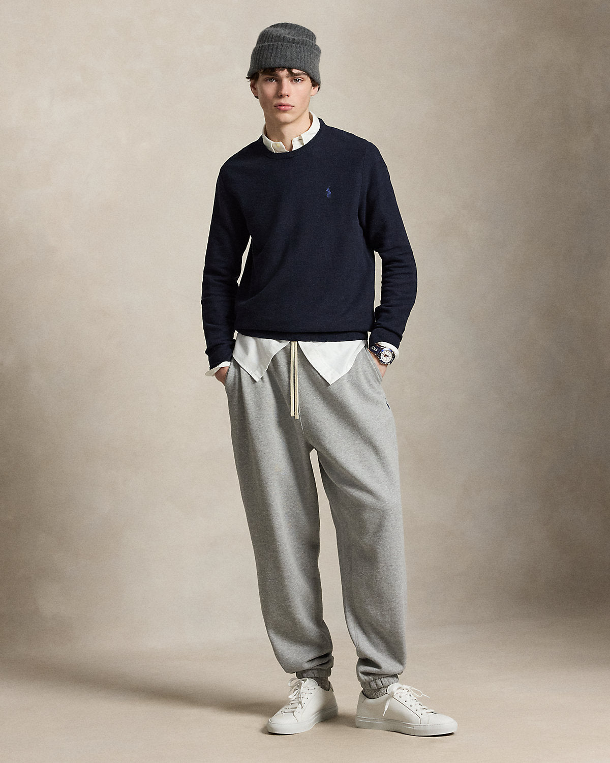 Mesh-Knit Cotton Crewneck Jumper Navy Heather