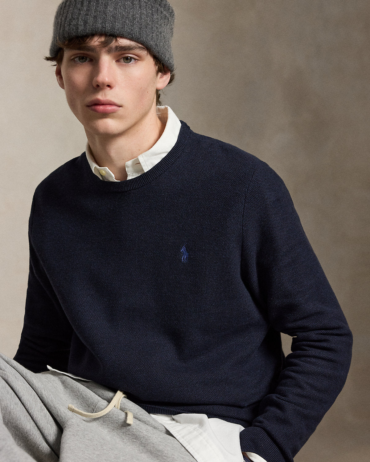 Mesh-Knit Cotton Crewneck Jumper Navy Heather