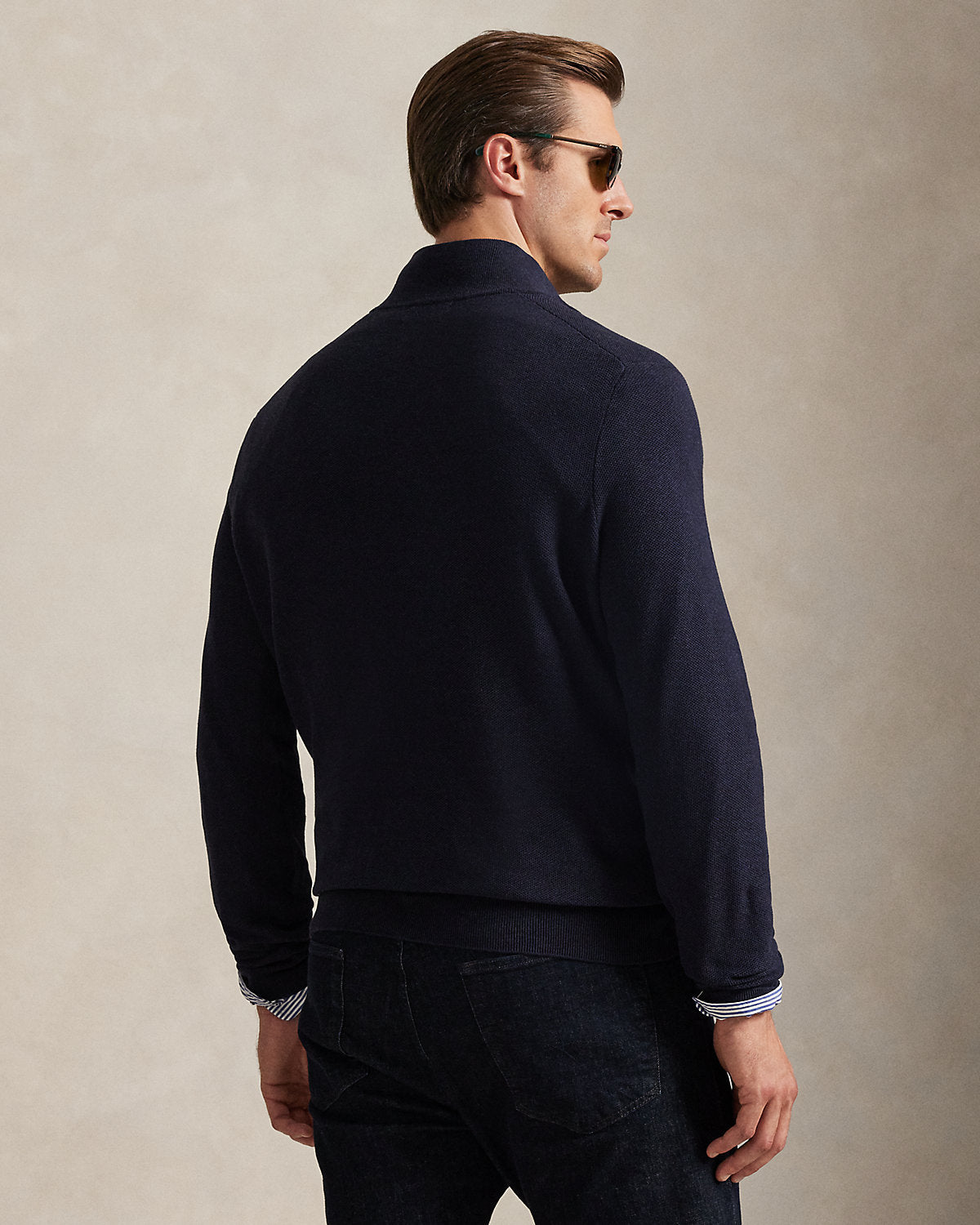 Mesh-Knit Cotton Quarter-Zip Jumper Navy Heather