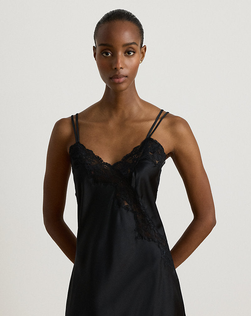 Double-Strap Lace-Trim Satin Chemise Black