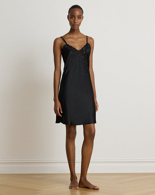 Double-Strap Lace-Trim Satin Chemise Black