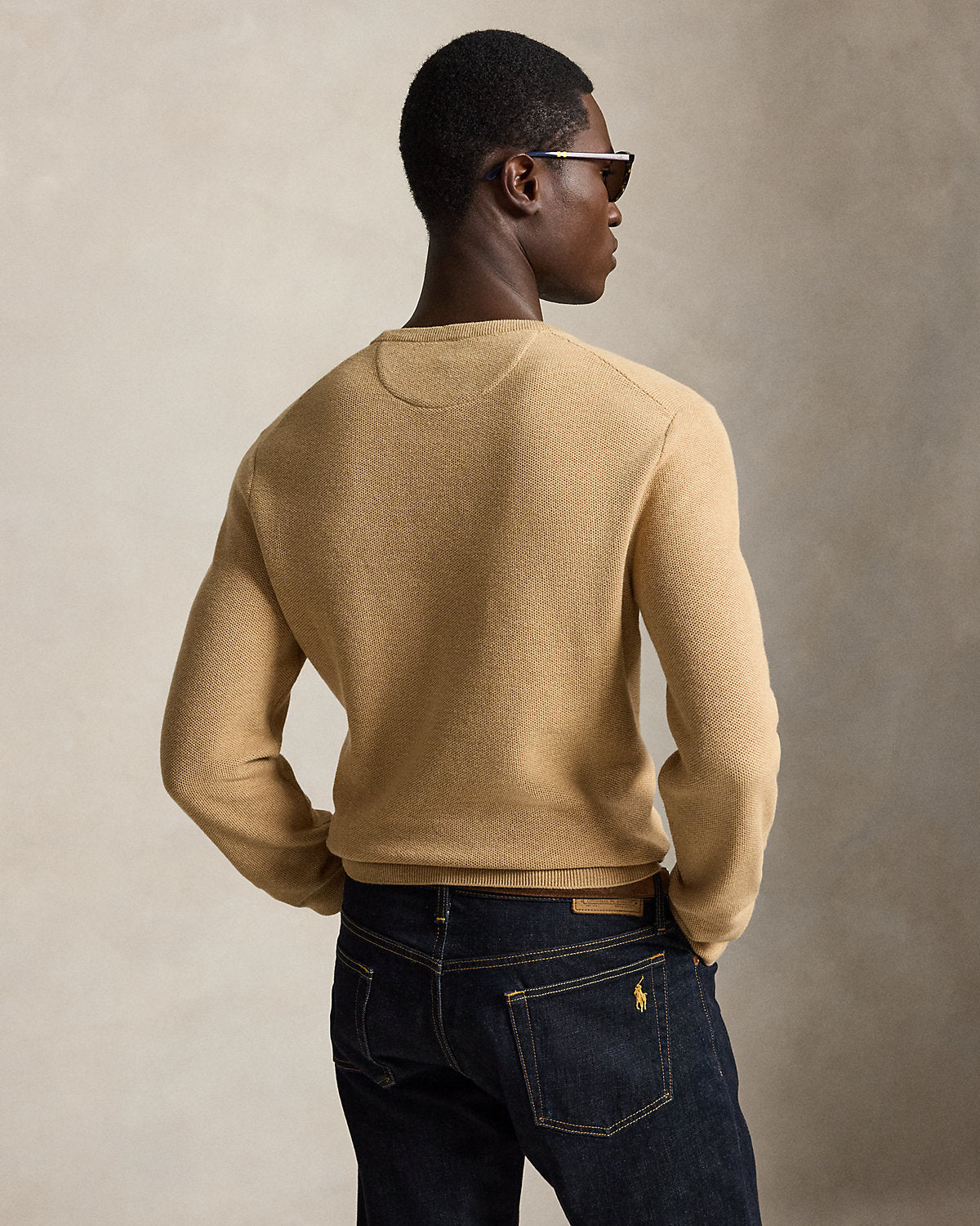 Mesh-Knit Cotton Crewneck Jumper Camel Melange