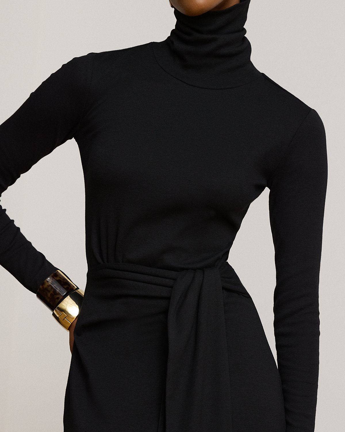 Tie-Front Cotton-Blend Turtleneck Dress