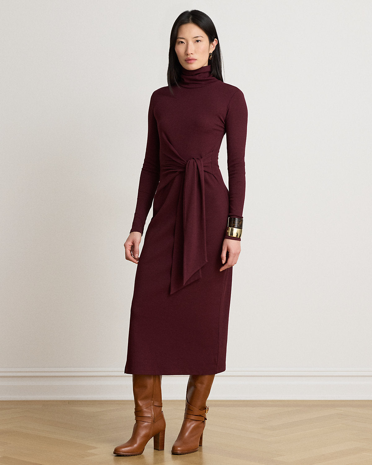 Tie-Front Cotton-Blend Turtleneck Dress