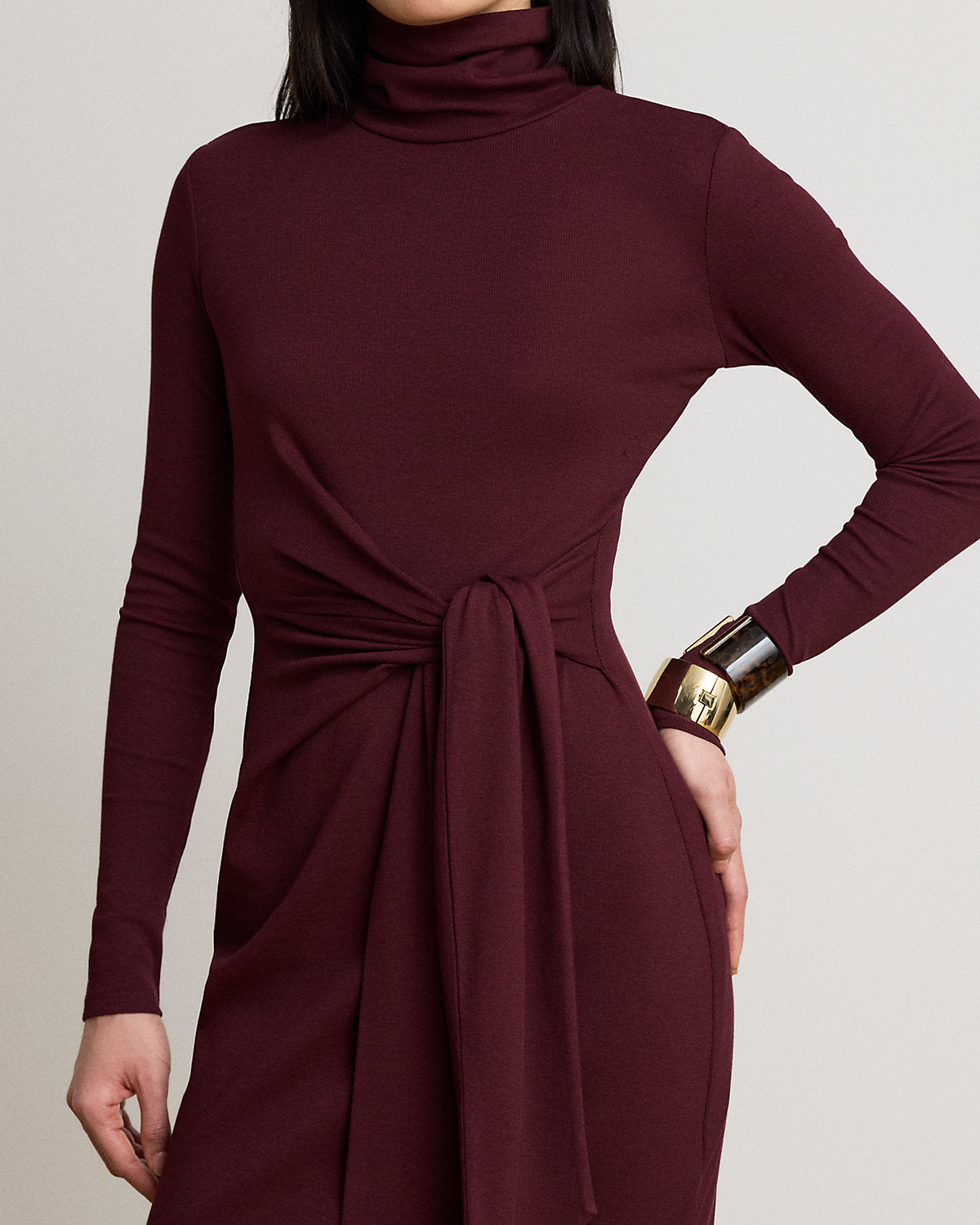 Tie-Front Cotton-Blend Turtleneck Dress