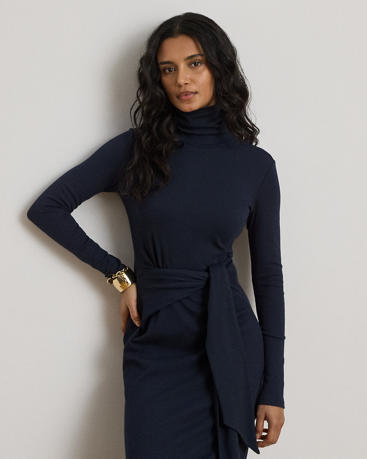 Tie-Front Cotton-Blend Turtleneck Dress