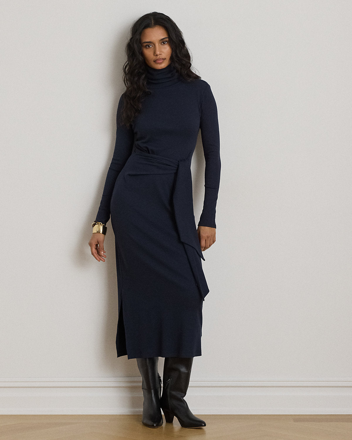 Tie-Front Cotton-Blend Turtleneck Dress