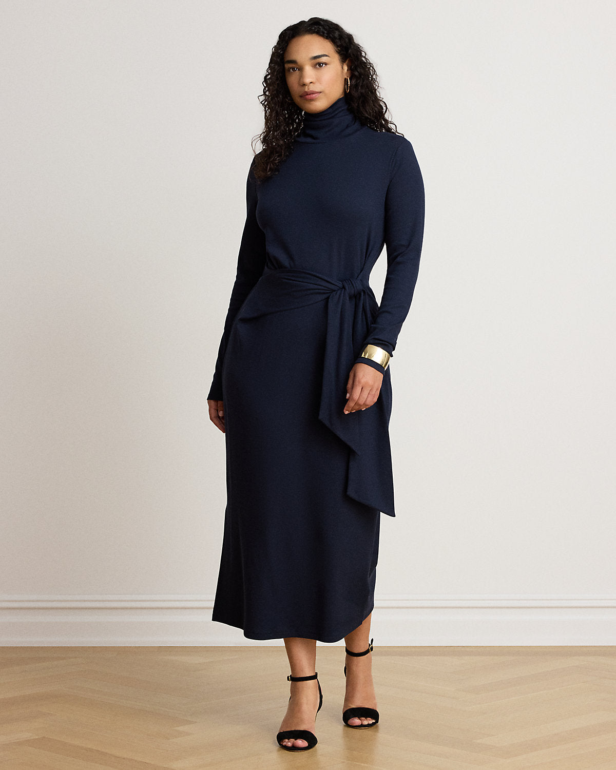Tie-Front Cotton-Blend Turtleneck Dress