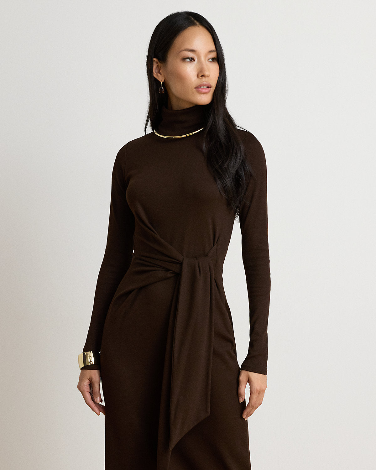 Tie-Front Cotton-Blend Turtleneck Dress