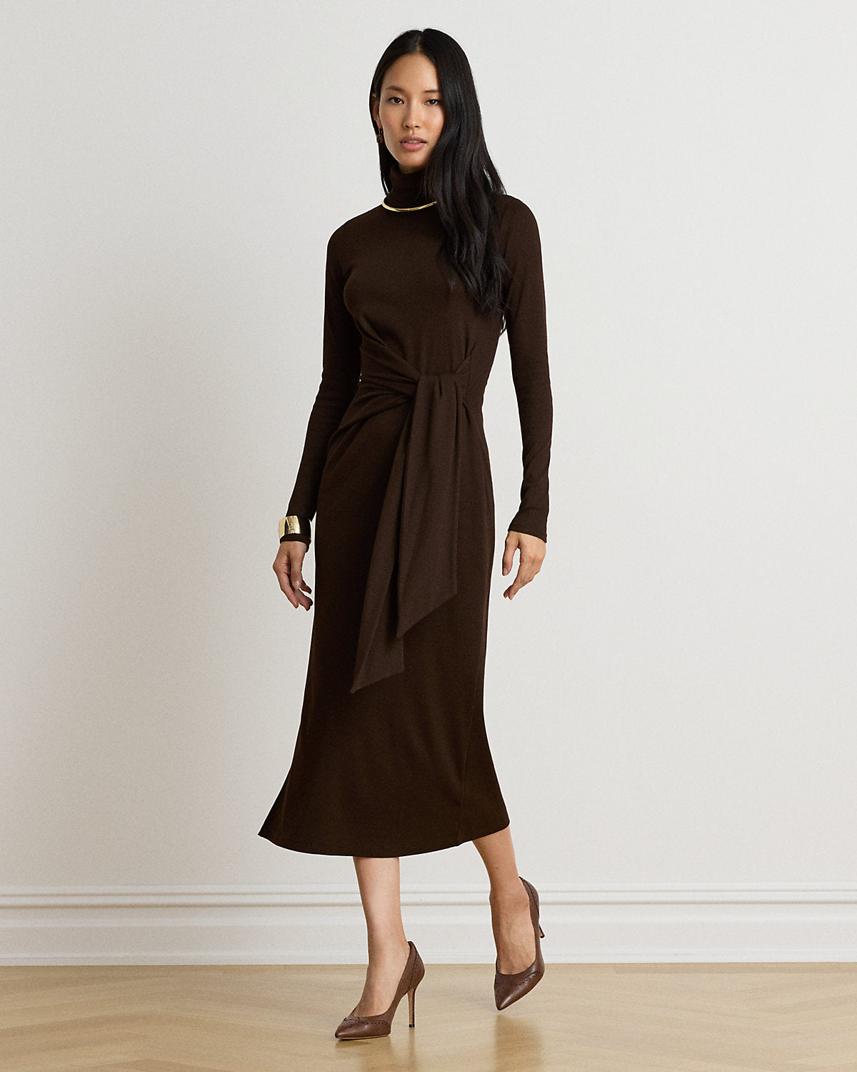 Tie-Front Cotton-Blend Turtleneck Dress
