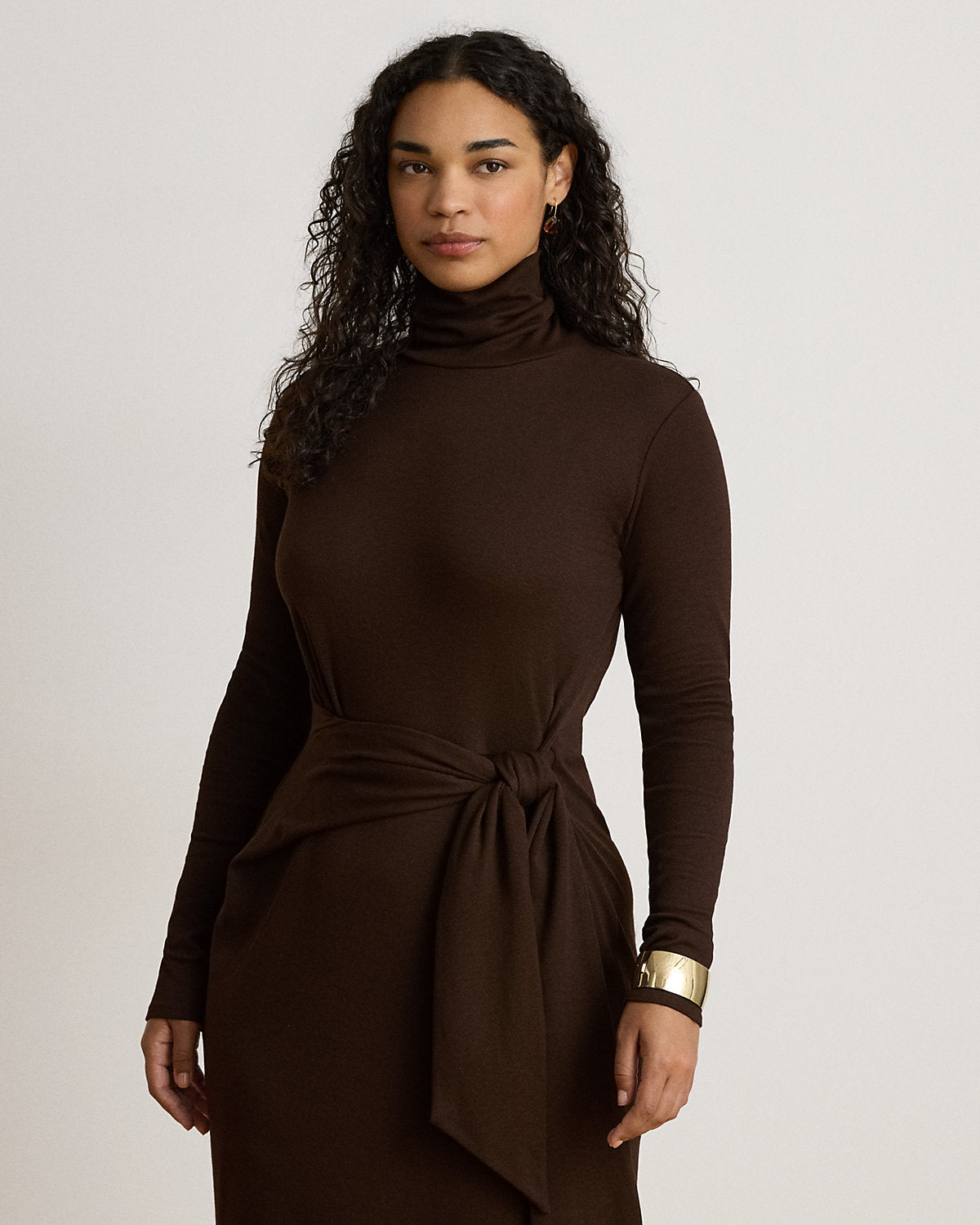 Tie-Front Cotton-Blend Turtleneck Dress