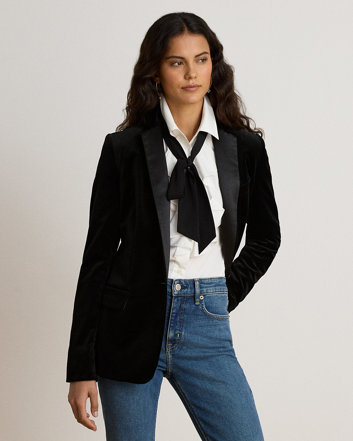 Satin-Trim Stretch Velvet Blazer