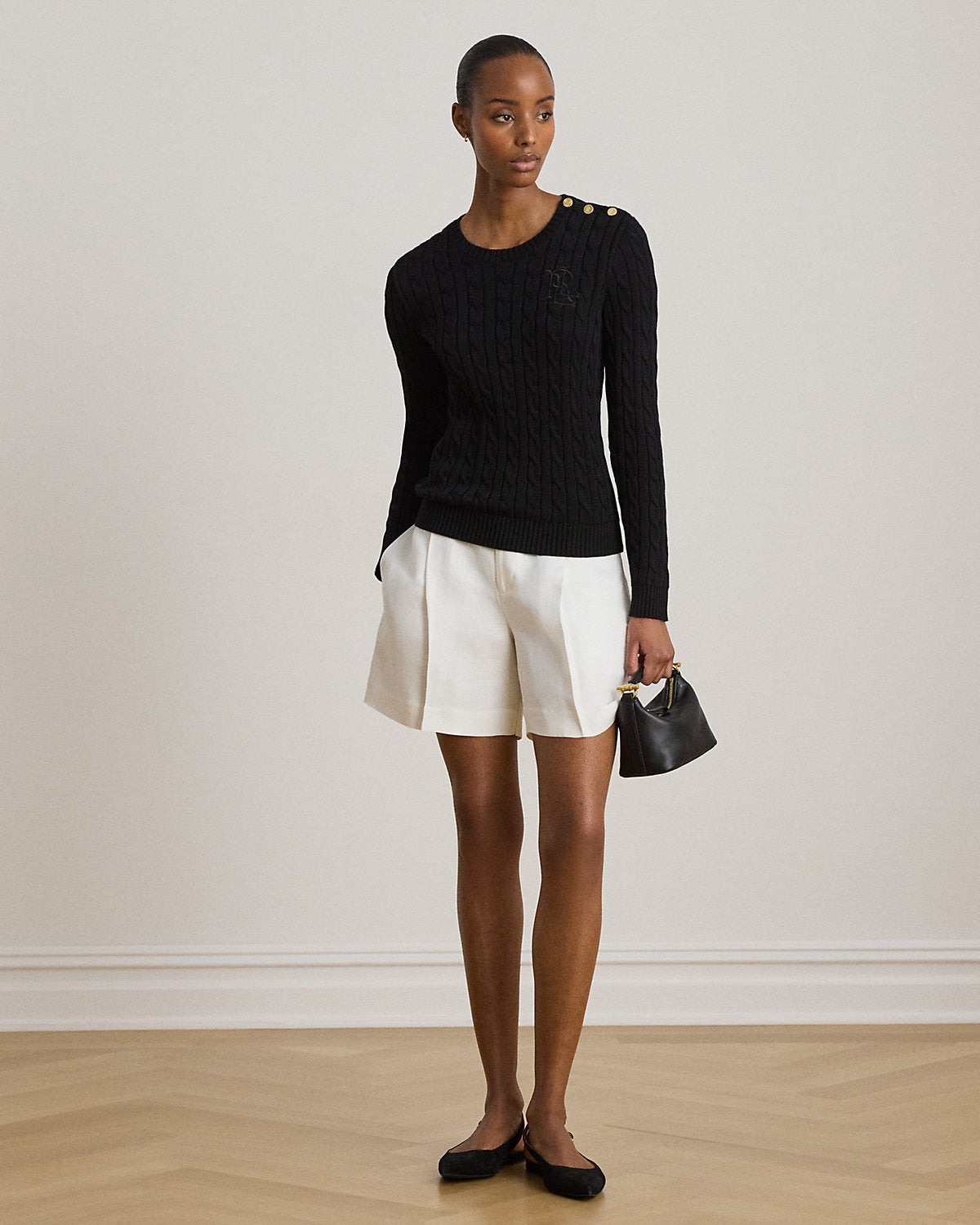 Button-Trim Cable-Knit Sweater