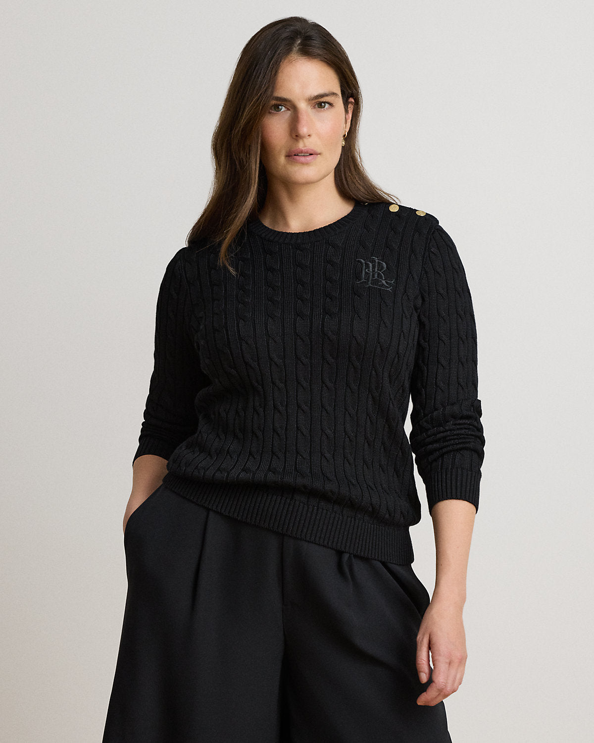 Button-Trim Cable-Knit Sweater