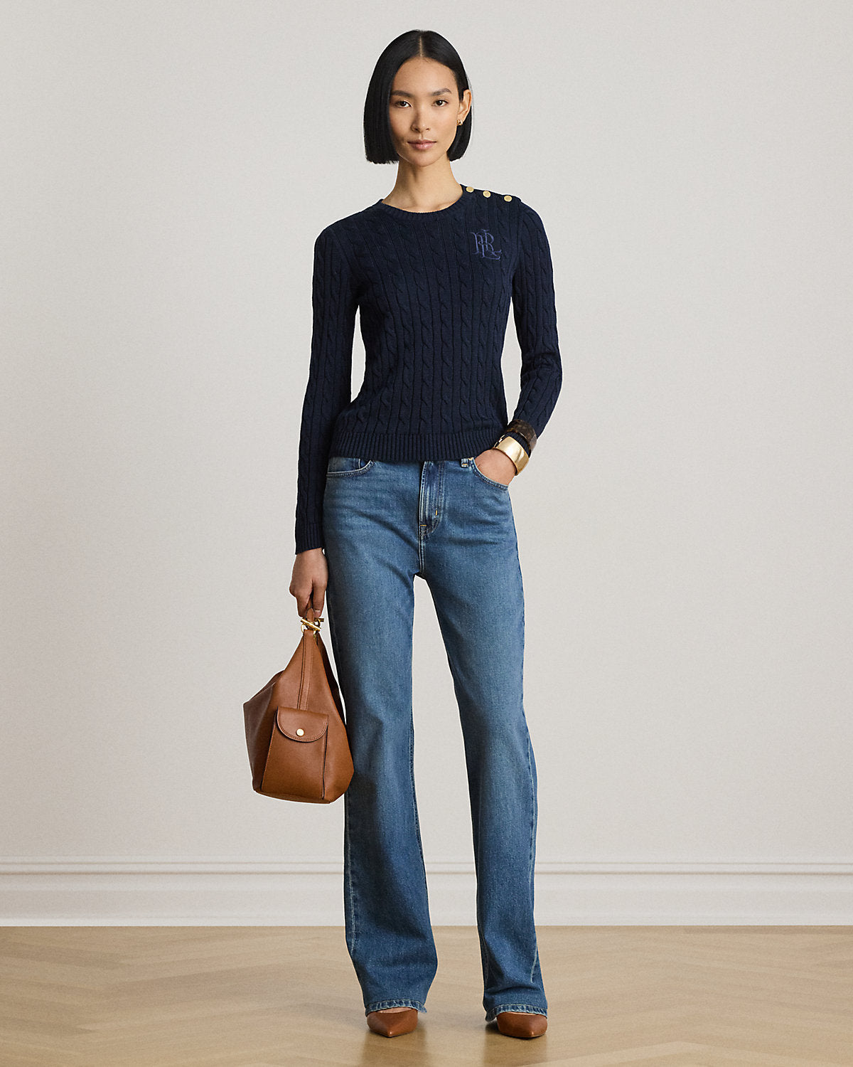 Button-Trim Cable-Knit Sweater
